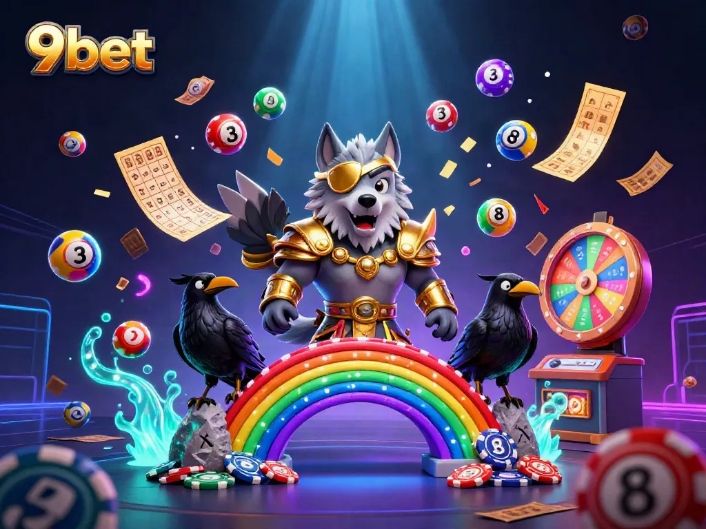 Experience the thrill of 9bet with stunning 3D illustration showcasing a mythical scene filled with casino elements.