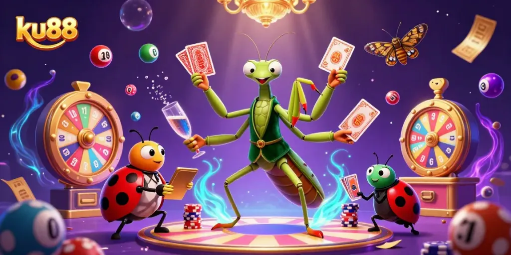 Experience the excitement of ku88 with a dynamic casino scene featuring card dealing and colorful lottery elements.