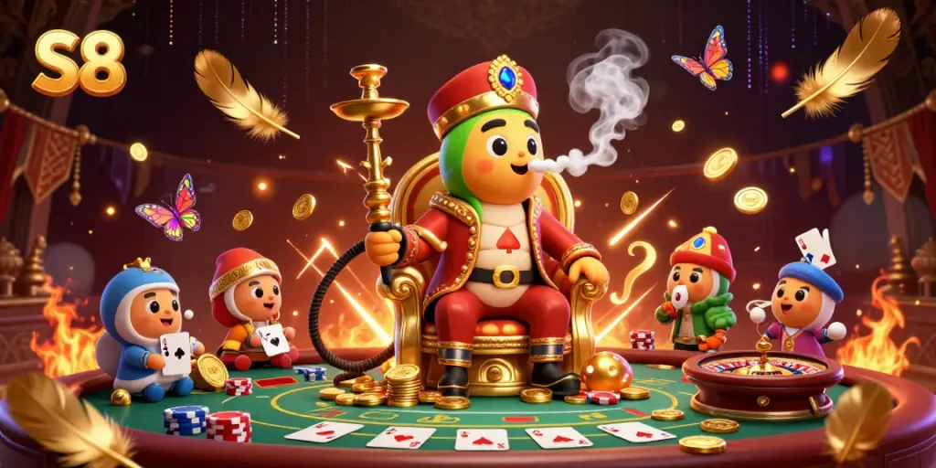 S8 offers a vibrant casino experience with a whimsical caterpillar hookah-master, poker hands, and roulette elements.