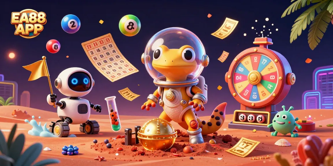 Engage with the EA88 APP and revel in the vibrant thrill of gambling with a cartoon Martian gecko discovering a buried golden casino.