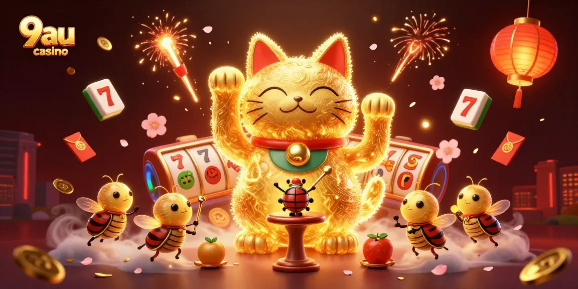 Engage with 9au casino featuring vibrant golden fireflies and dynamic slot game elements in a festive atmosphere.