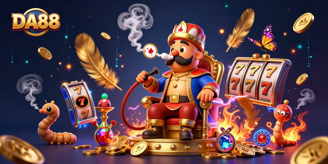 DA88 offers a unique casino experience with a vibrant illustration showcasing enchanting characters and dynamic gambling elements.