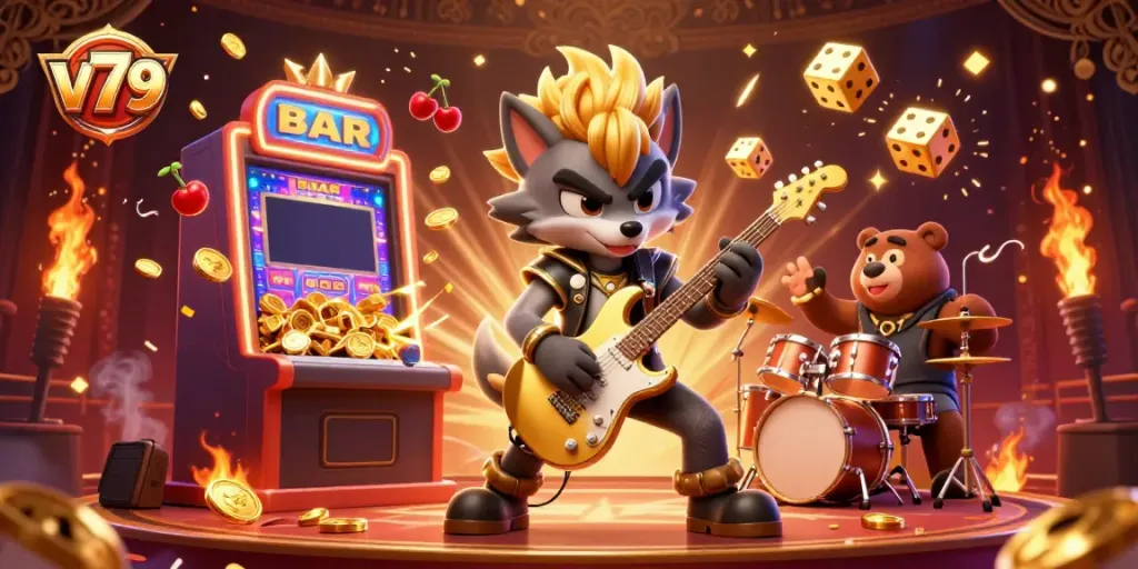 Experience the thrill of the v79 casino world through this vibrant 3D illustration of a rock star wolf and drummer bear on stage.