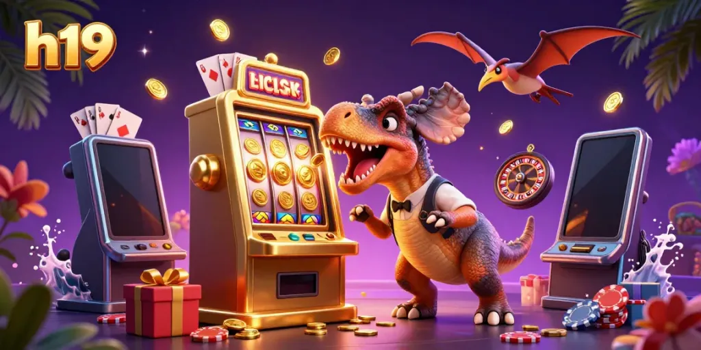 h19 jackpots explode as a pachycephalosaurus hits a slot machine amidst a lively casino scene