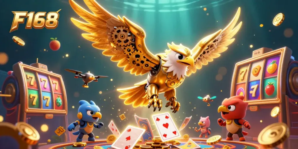 Engage with F168's thrilling online slots through an action-packed 3D scene with lively characters.