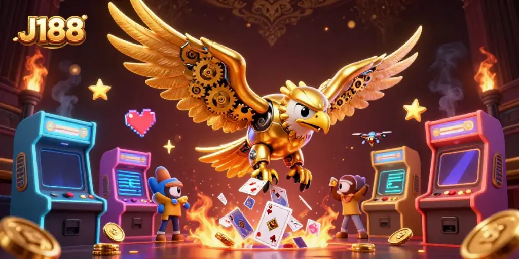 J188 showcases a vibrant scene with a golden eagle and holographic cards, illustrating casino excitement.