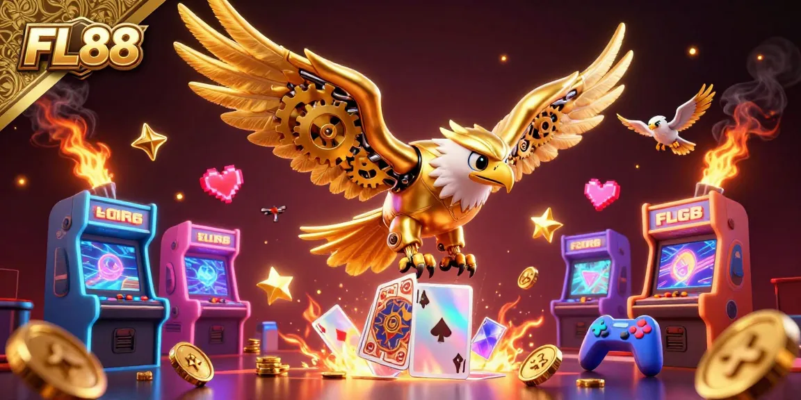 Engage with FL88's immersive gaming experience featuring dynamic 3D characters among colorful casino elements.