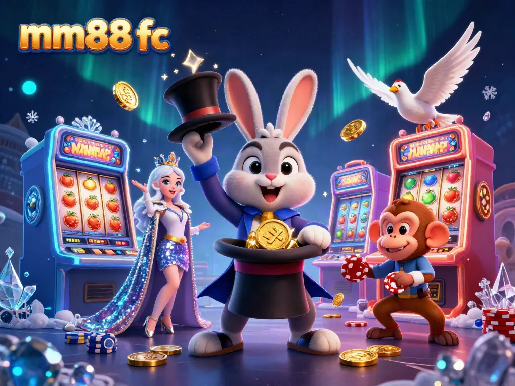 Experience the excitement of mm88 fc with a magical scene of a rabbit, dove, and monkey amidst dynamic slot machines.