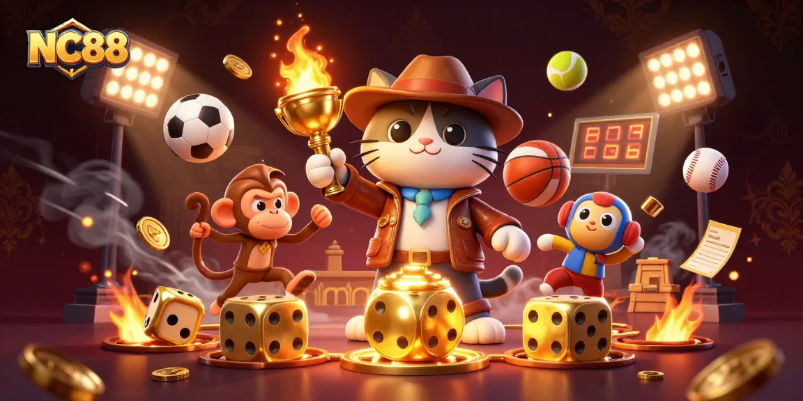 Engage with NC88's exciting gambling adventure featuring a heroic explorer cat discovering a golden artifact amidst dynamic casino elements.