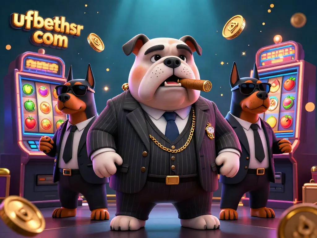 Play and win big with ufabethsr com featuring a mafia bulldog and Doberman guards in a vibrant casino scene.