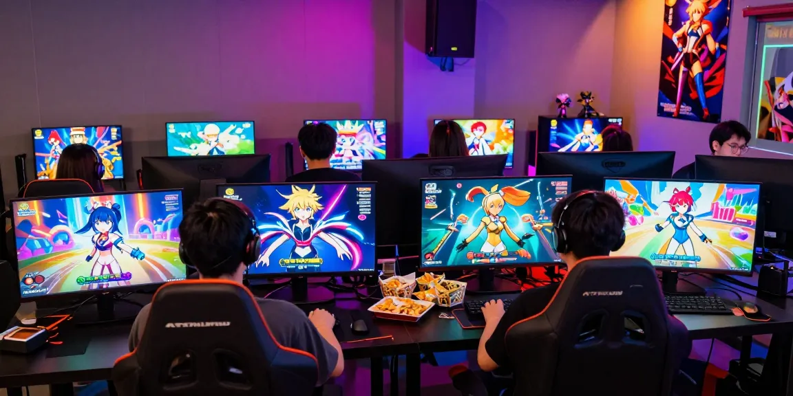 Engaged group playing real ecchi games in a lively gaming lounge with neon lights.