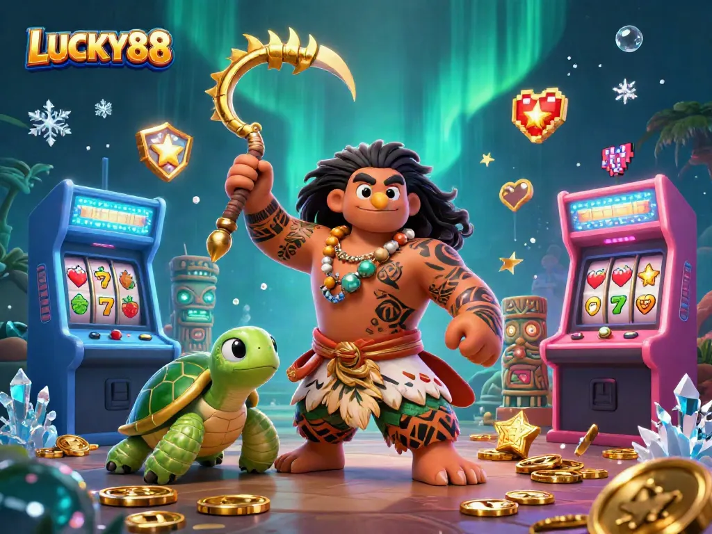 LUCKY88 showcases a vibrant 3D illustration of a casino-themed adventure with dynamic gaming elements.