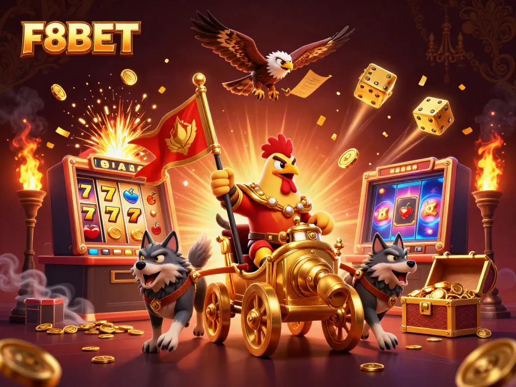 Win big at F8BET with vibrant 3D illustration showcasing exciting casino game elements and characters!