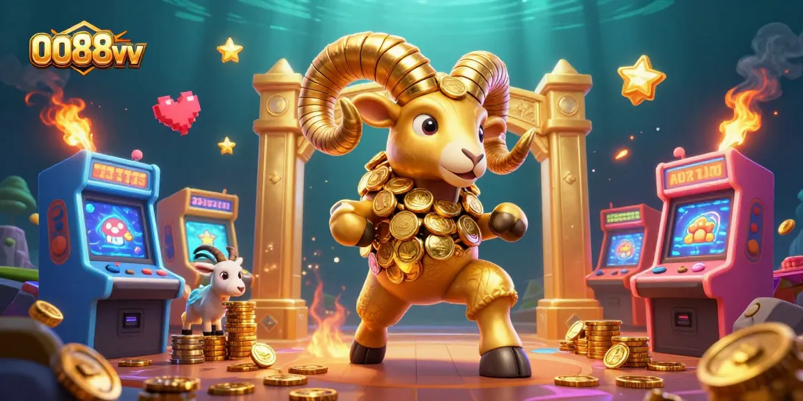 Engage with 0088vv as the golden ram headbutts through a stunning casino scene filled with gaming elements.