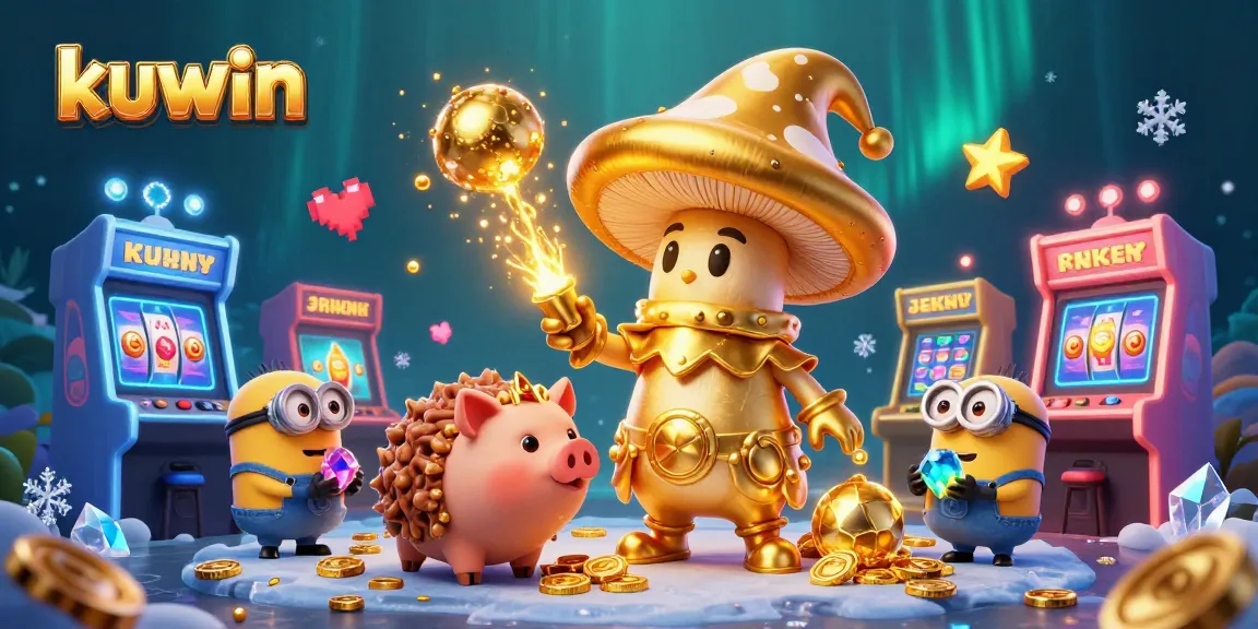 Kuwin features a whimsical golden mushroom wizard with treasure-hunting elements, perfect for engaging online gambling enthusiasts.