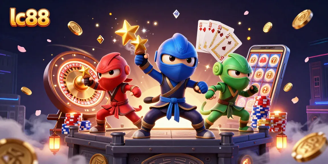 Experience winning strategies at lc88 with a vibrant 3D casino illustration featuring a dynamic ninja team.