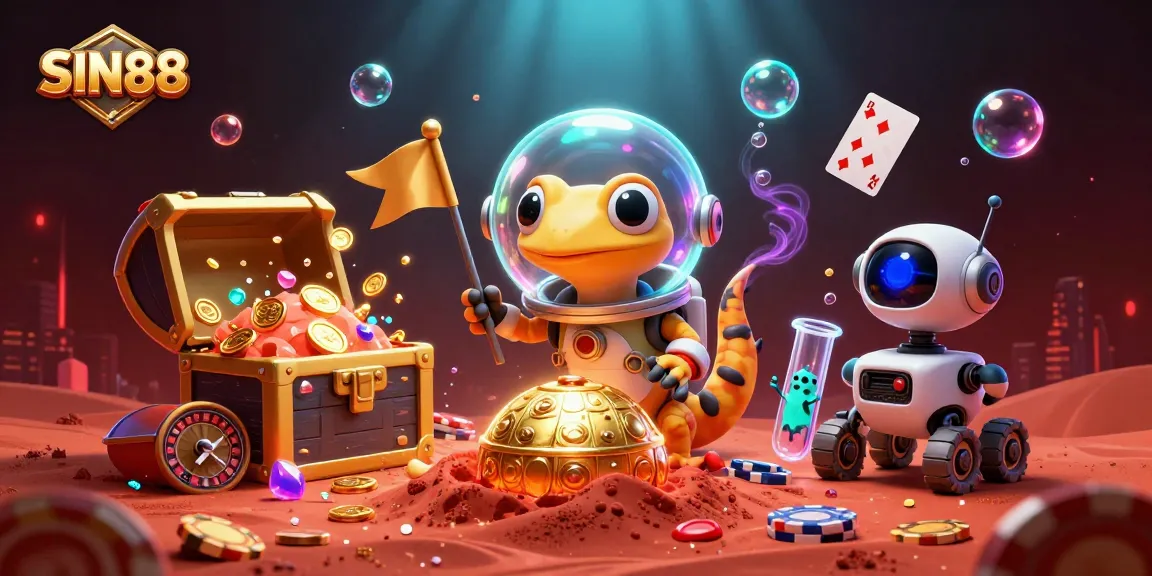 SIN88 showcases a Martian gecko exploring a gold casino amidst vibrant gambling elements.