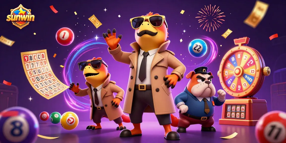 Engage with sunwin's thrilling VIP casino scene featuring playful raptors and dynamic lottery elements.