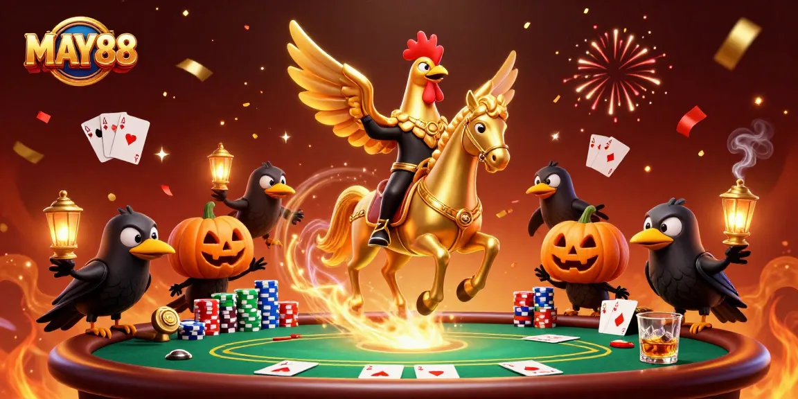 MAY88 presents a vibrant casino scene featuring a golden rooster and crow companions enjoying a thrilling poker game.