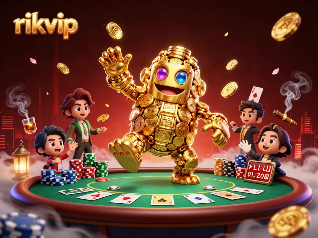 Experience thrilling gameplay at rikvip with a vibrant scene of a golden golem surrounded by poker elements.