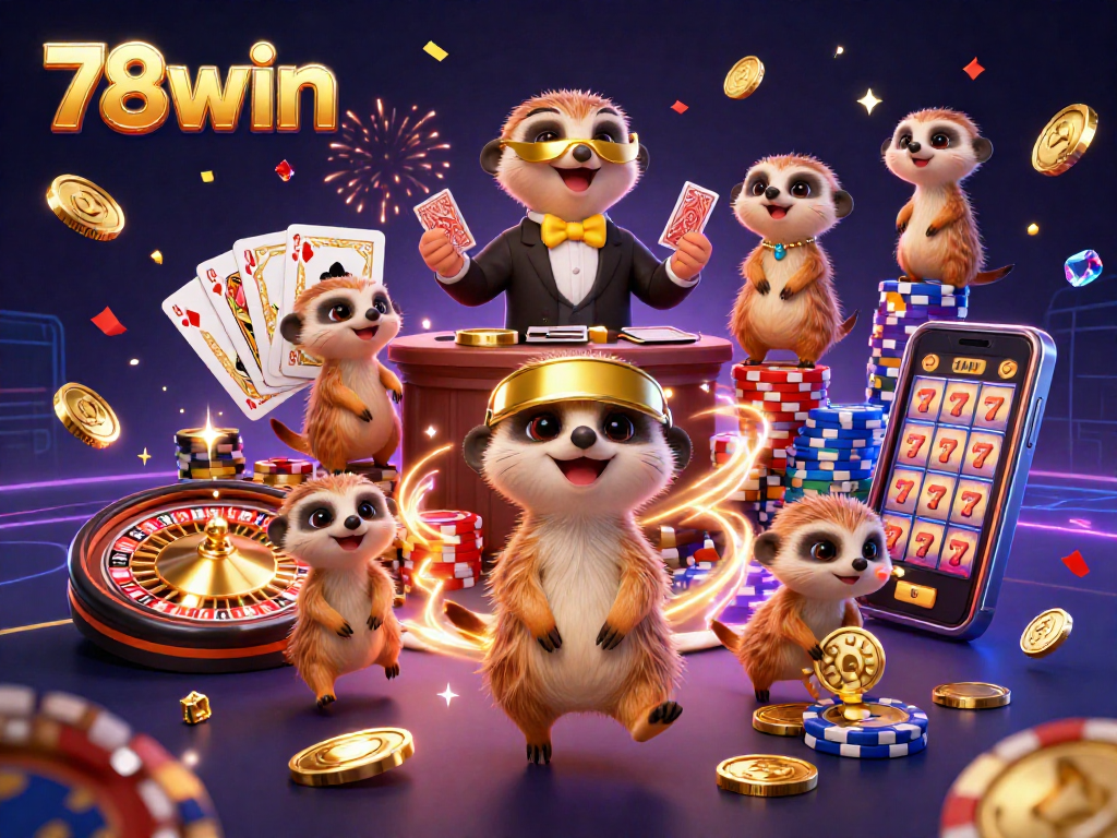 Engage in vibrant casino action with 78win as meerkats manage chips and games amidst sparkling treasures.