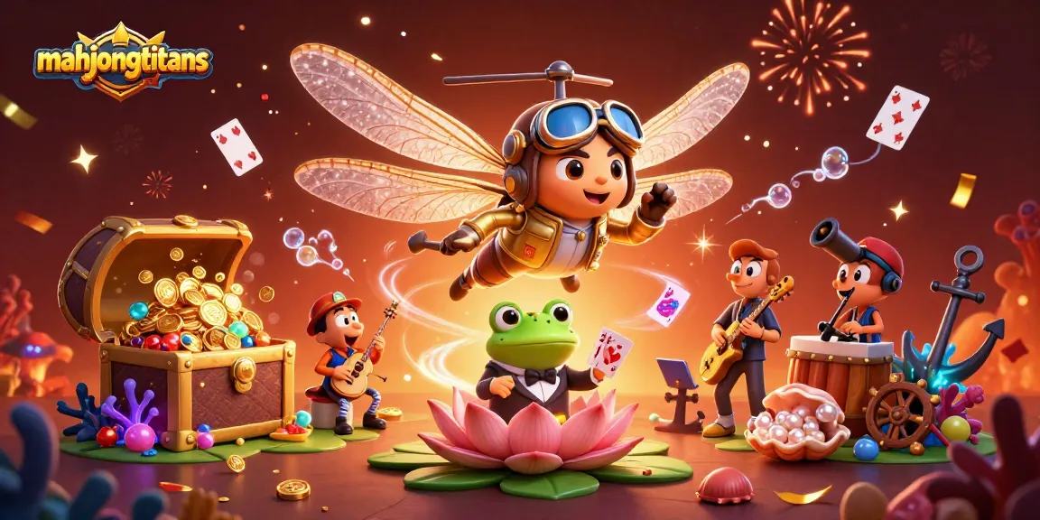 Engage with mahjongtitans gameplay among vibrant dragonfly pilot, frog croupier, and jazz musicians.