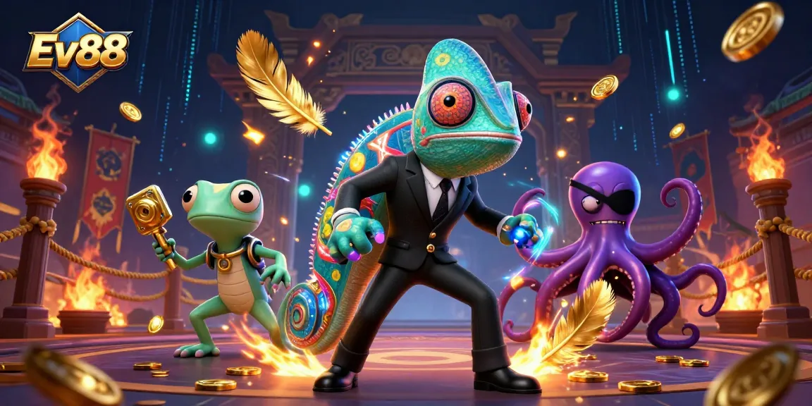Ev88 presents an exciting scene with a secret agent chameleon and gecko in a vibrant gambling arena.