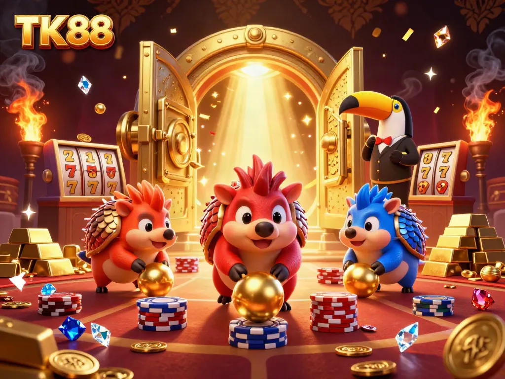 Engage in the thrilling casino action with TK 88, featuring pangolins rolling poker chips in a vibrant illustration.