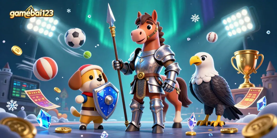 Bet on gamebai123 with knights and a lively scene of dynamic sports elements and cheerful characters.