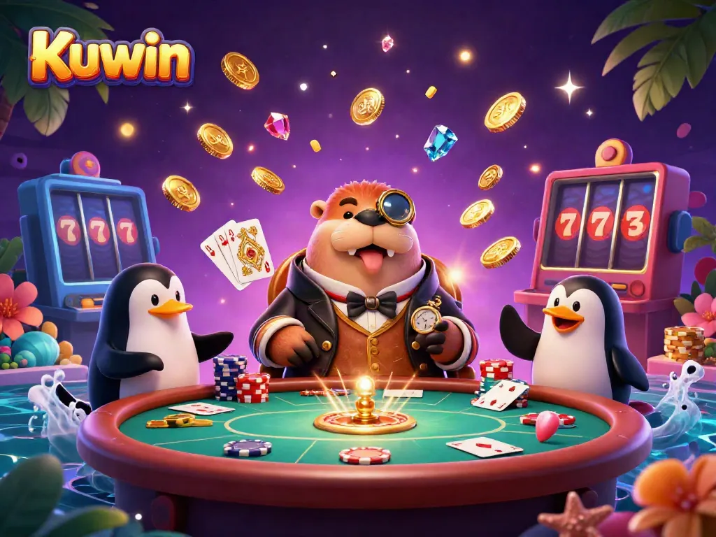 Kuwin's lively casino scene features a walrus in Victorian attire, a bluffing pufferfish, and a sophisticated dealer.
