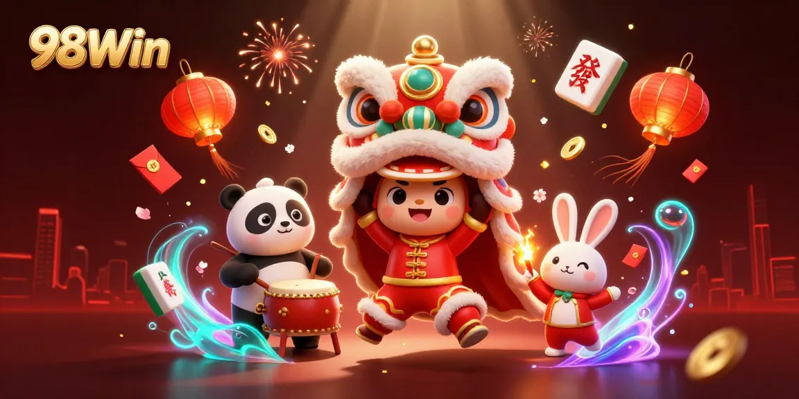 Experience thrilling games at 98Win with vibrant illustrations of Chinese lion dance and festive decorations.