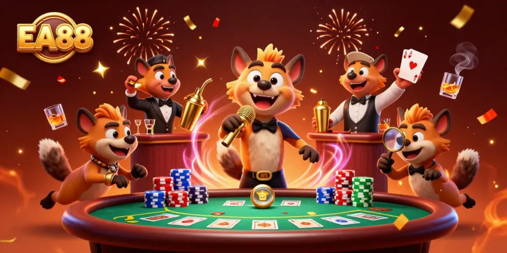 EA88 casino scene with hyena characters engaging in comedic acts and vibrant gaming action.