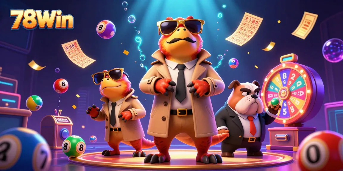 Experience the thrill of 78Win's VIP casino lounge with dynamic lottery action and fun characters.