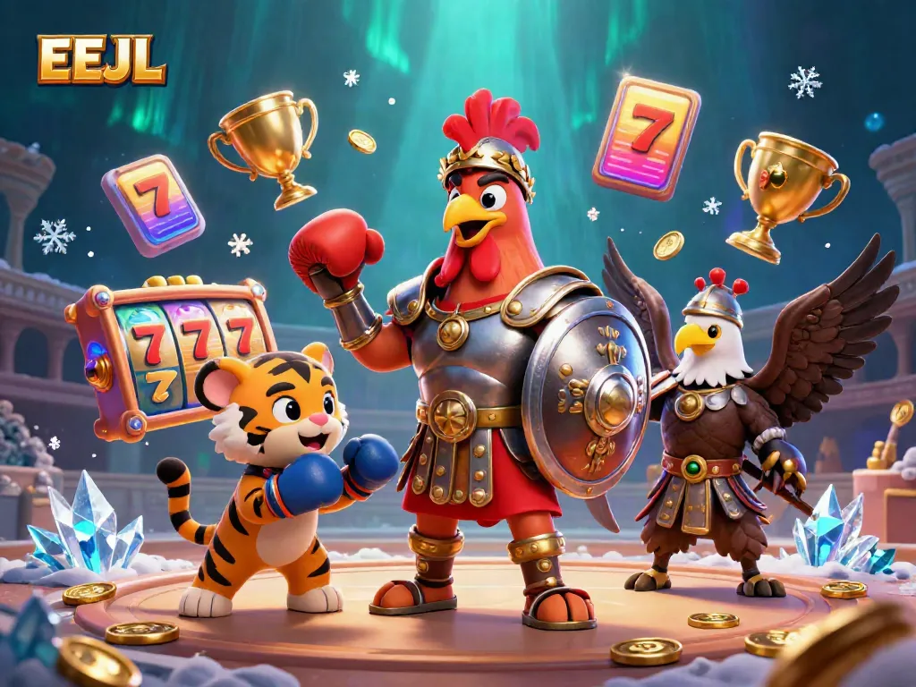 Experience thrilling slot games at EEJL with vibrant casino characters and dynamic elements.