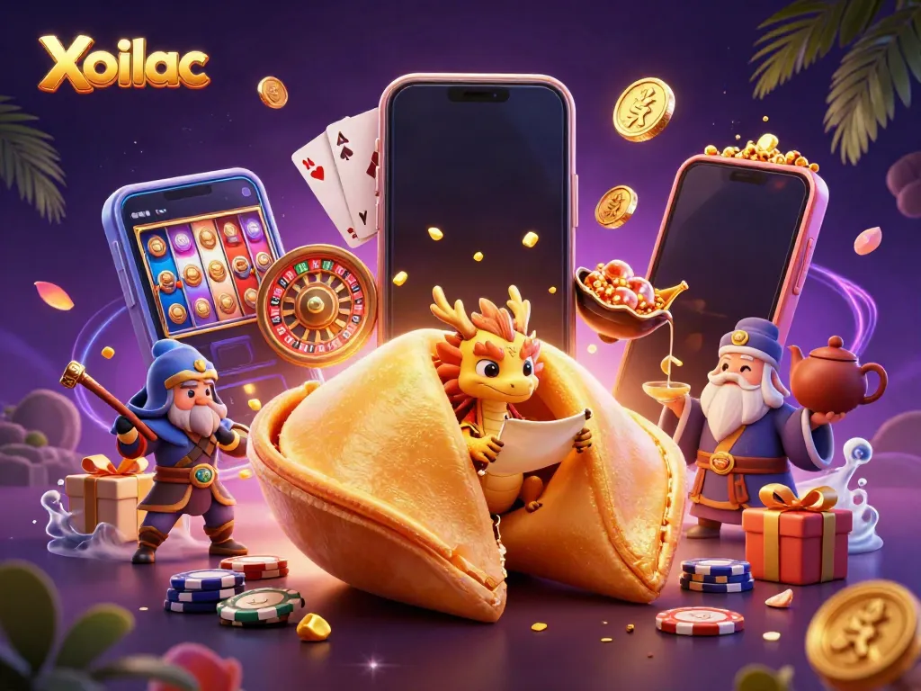 Xoilac captures thrilling gameplay action with a magical fortune scene amidst falling gold coins.