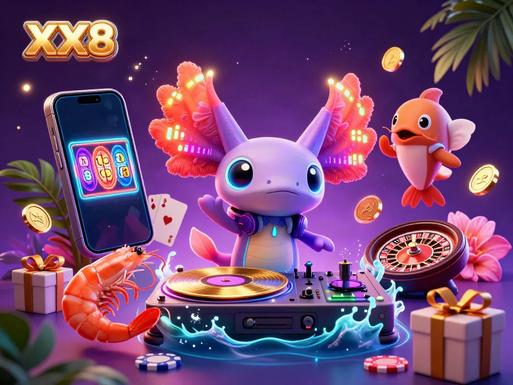 Engage in vibrant casino action with neon-colored axolotl DJ spinning tracks in a colorful underwater paradise featuring XX8.
