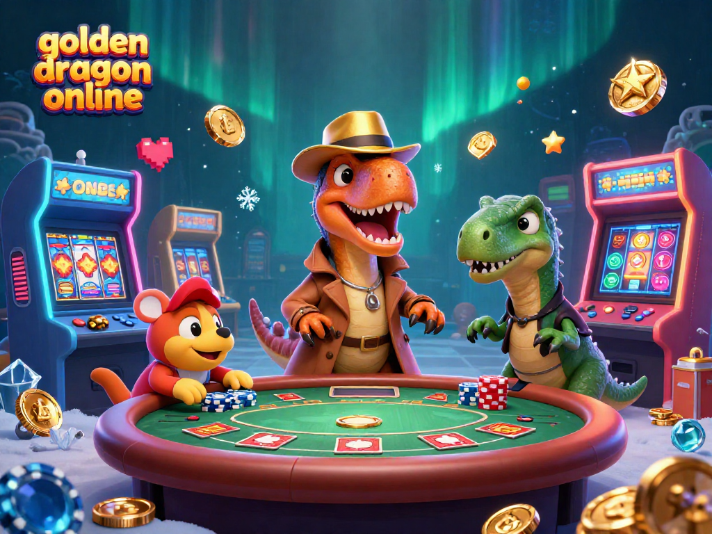 Winning big with golden dragon online slots, featuring a clever velociraptor and vibrant casino elements.