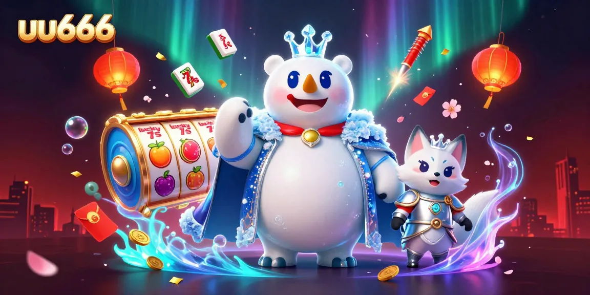 Spin the reels with the enchanting uu666 polar bear and snow fox in a dynamic casino scene.