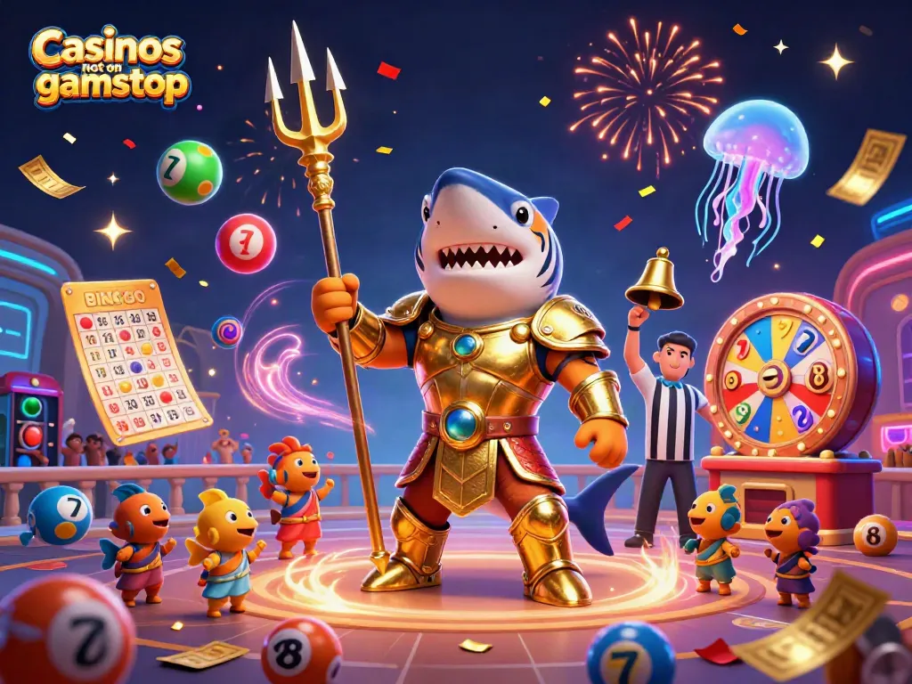 Engaging visual of Casinos not on gamstop featuring a vibrant underwater colosseum with a shark gladiator.