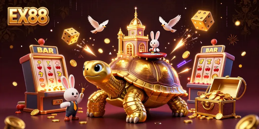 Experience the thrill of winning with EX88 in this vibrant casino scene featuring colorful game elements.