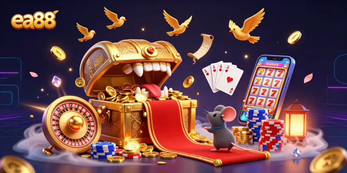 Spin the reels with ea88 as golden treasures and vibrant winnings surround eager adventurers in this captivating casino scene.