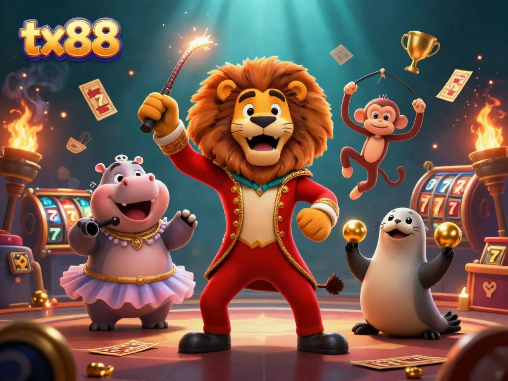Experience the thrill of tx88 in a vibrant circus-themed casino with colorful characters and game elements.