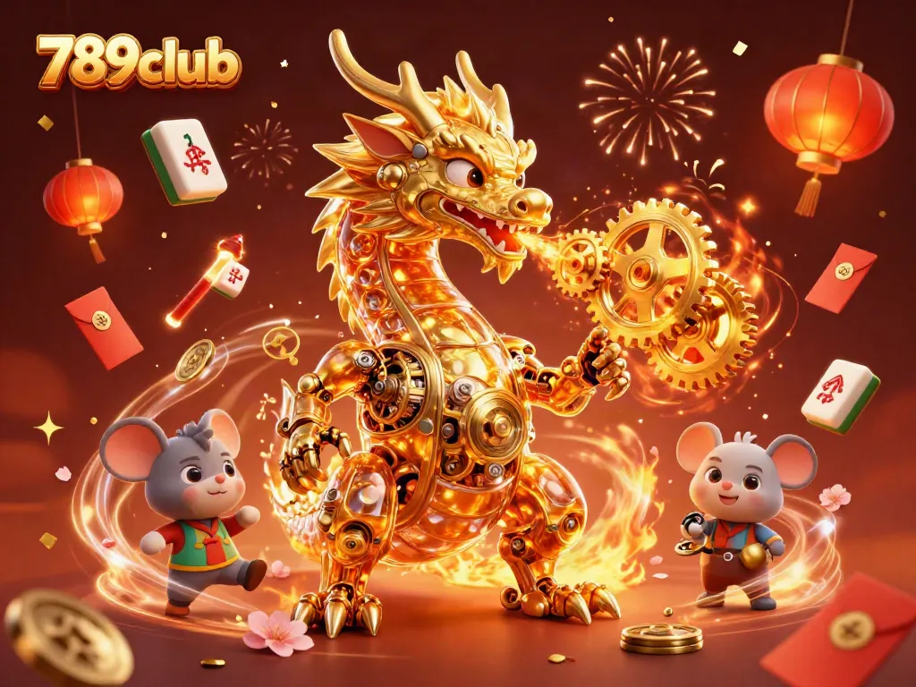 Engage in thrilling gameplay at 789club with a mesmerizing illustration of a golden dragon and festive elements.