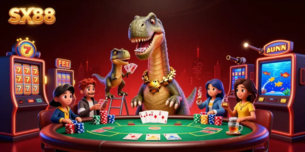 SX88 players enjoying a thrilling poker game with colorful chips and underwater jackpot features.