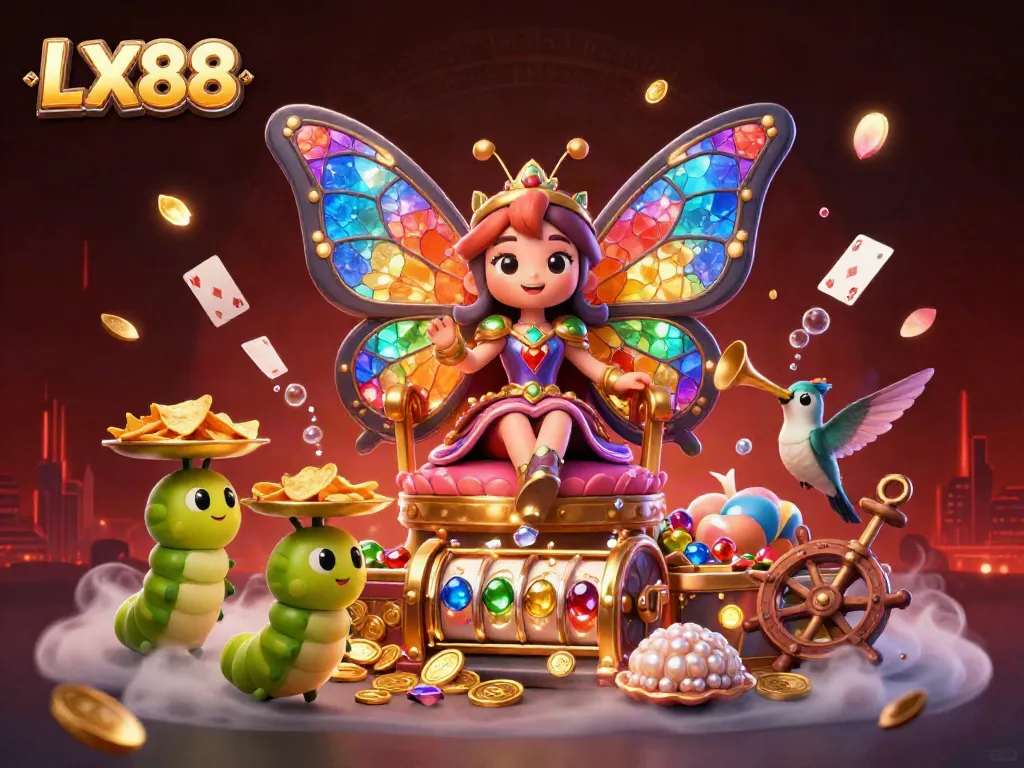 Join the fun at LX88 with the butterfly queen and golden treasures in a vibrant casino-themed scene.