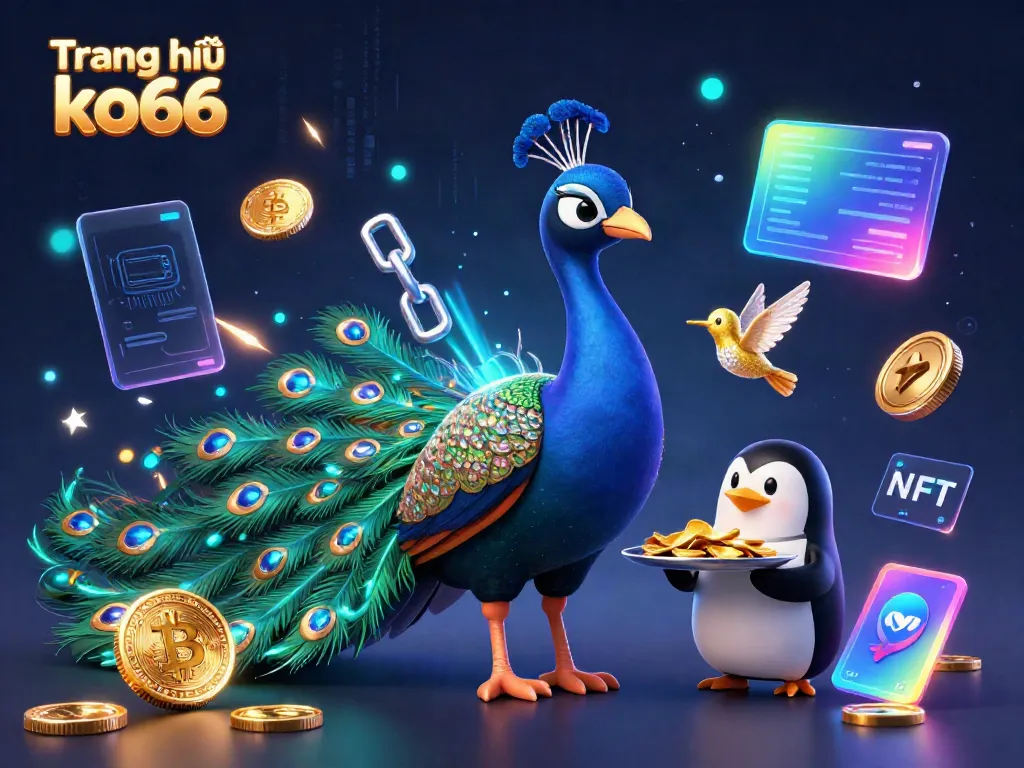 Experience the vibrant energy of Trang chủ ko66 with a dynamic 3D casino illustration featuring a peacock, butler penguin, and hummingbird.
