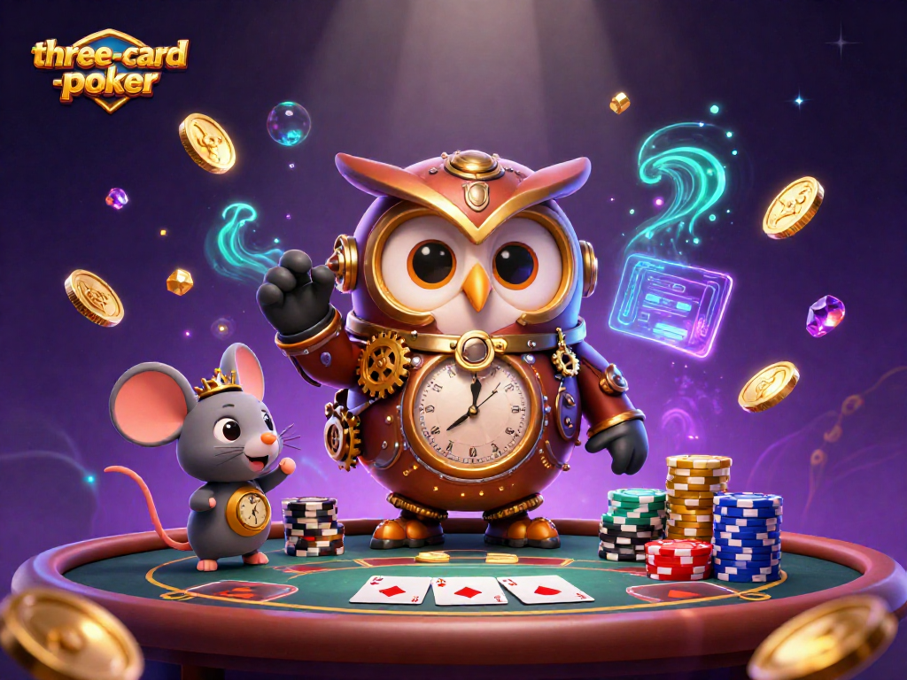 Engage with three-card-poker in an exciting 3D casino scene featuring lively characters and vibrant visuals.