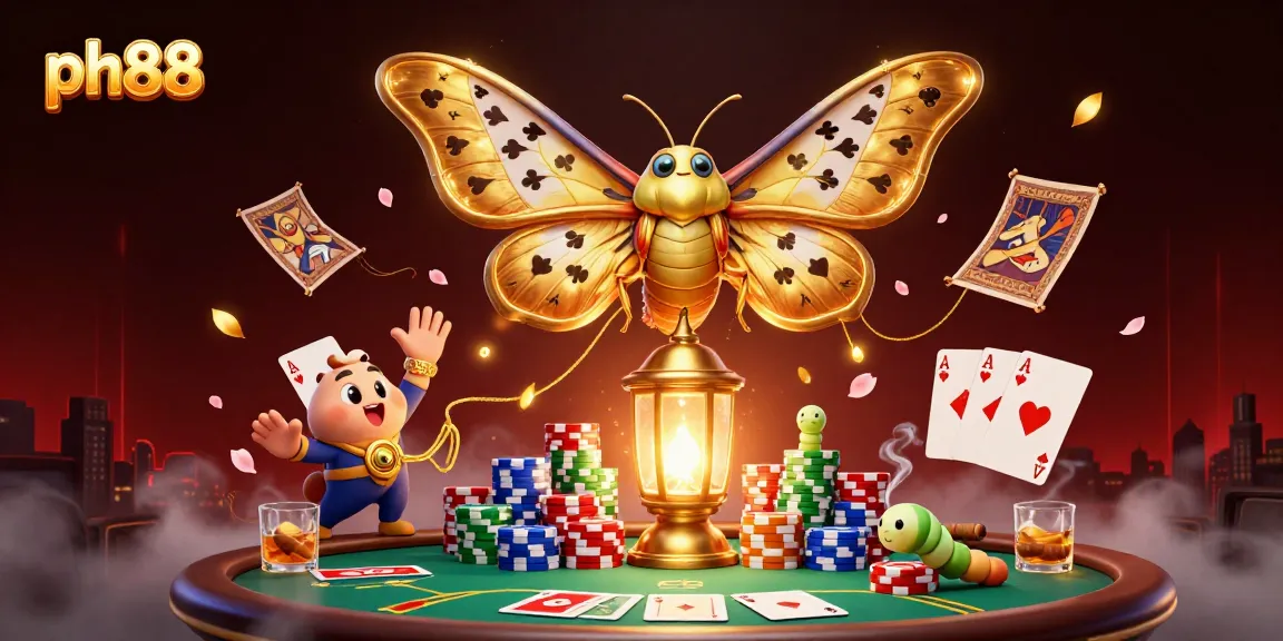 Experience the thrilling ambiance of ph88 with a vibrant casino illustration featuring a moth and gaming motifs.
