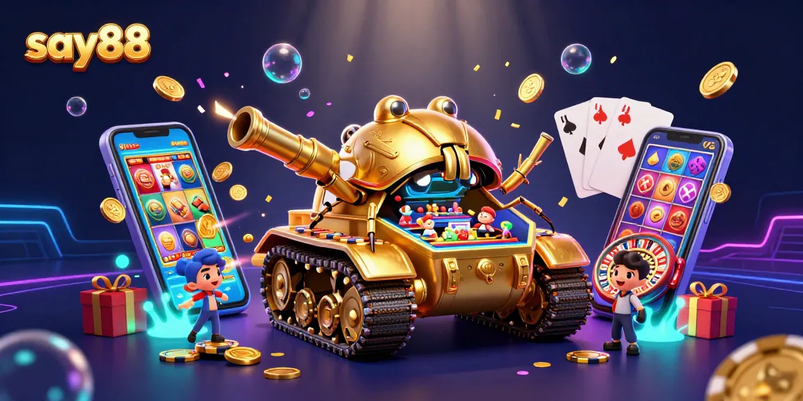 Experience the excitement at say88 with a vibrant casino scene featuring dynamic slot games and golden treasures.