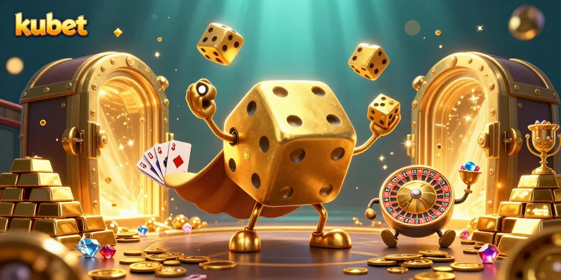 Kubet brings thrilling casino excitement with 3D golden dice and vibrant treasure elements.
